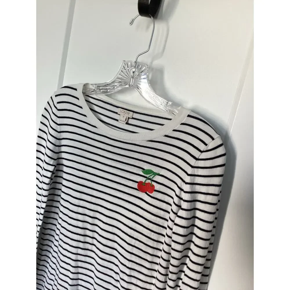 J. Crew Women's Embroidered Cherry Striped Teddie Sweater Black White Size XS‎ - Picture 2 of 9